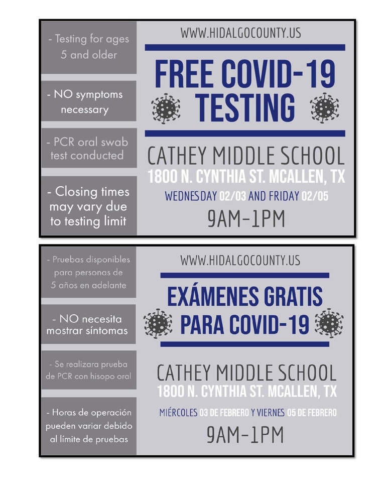 Free COVID-19 testing Wed. & Friday at Cathey MS