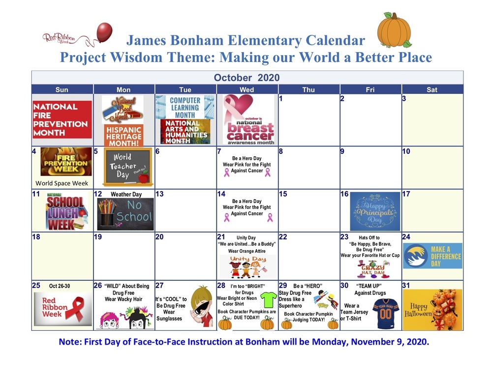 Bonham October 2020 Calendar