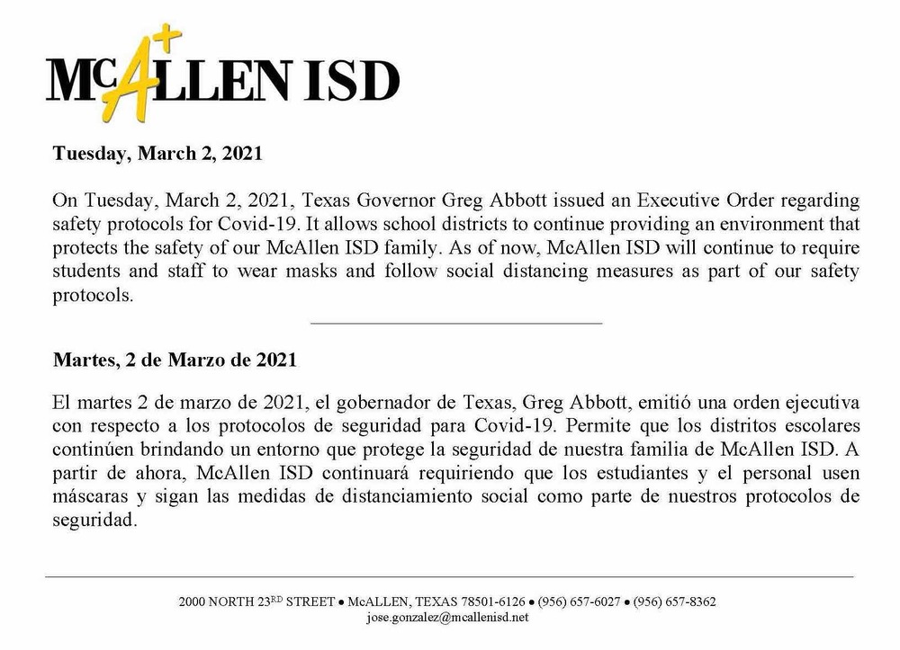 McAllen ISD message regarding school safety
