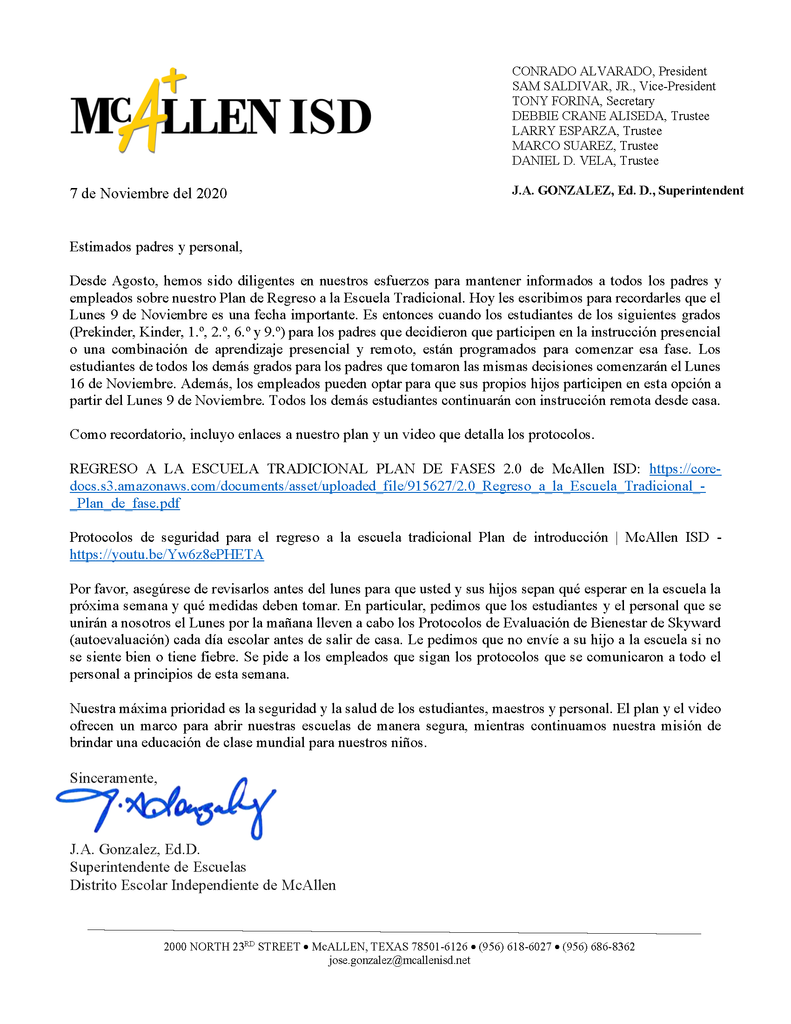 McAllen ISD - Mensaje del Superintendente
