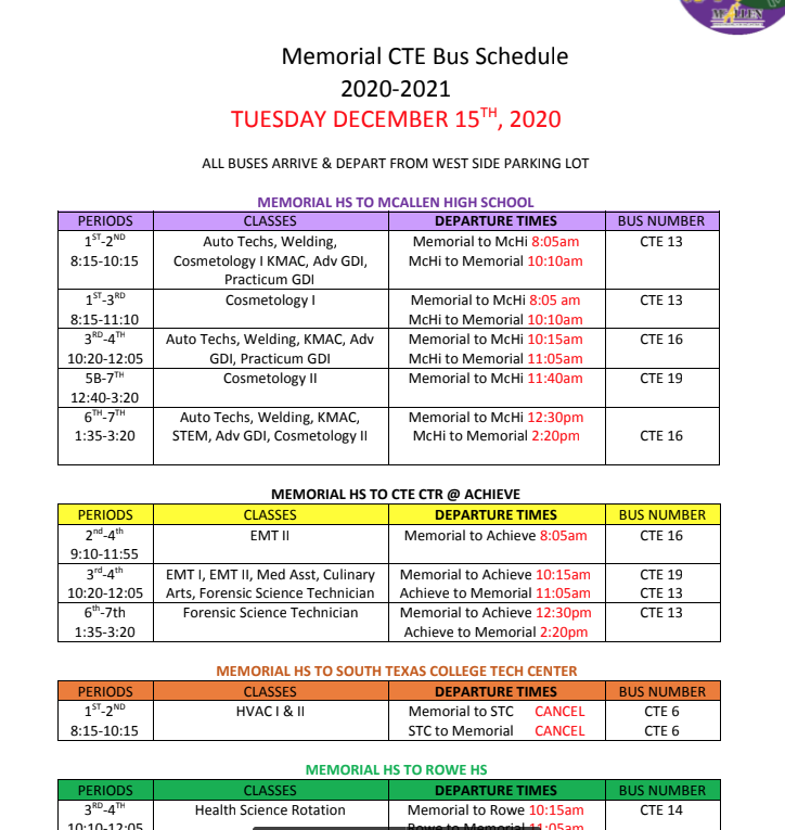 CTE BUS SCHEDULE for FALL EXAMS 2020