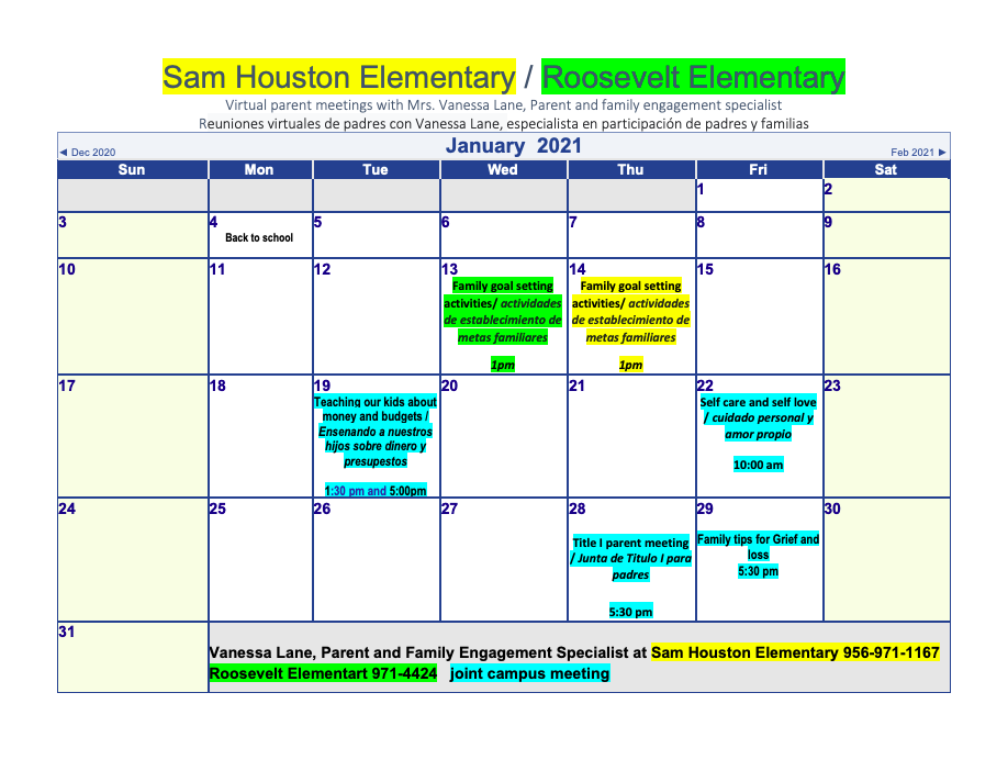 Parental Involvement - January 2021 Calendar