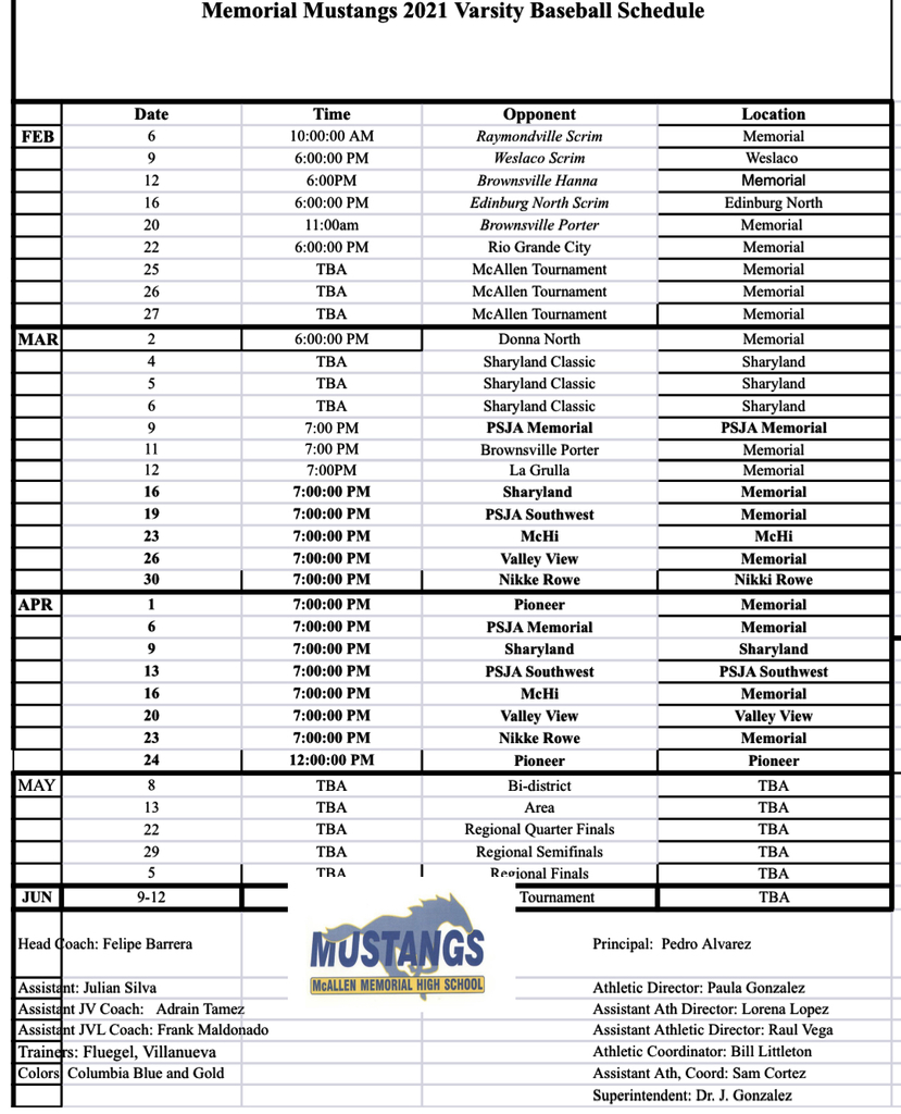 2021 Mustang Baseball Schedule