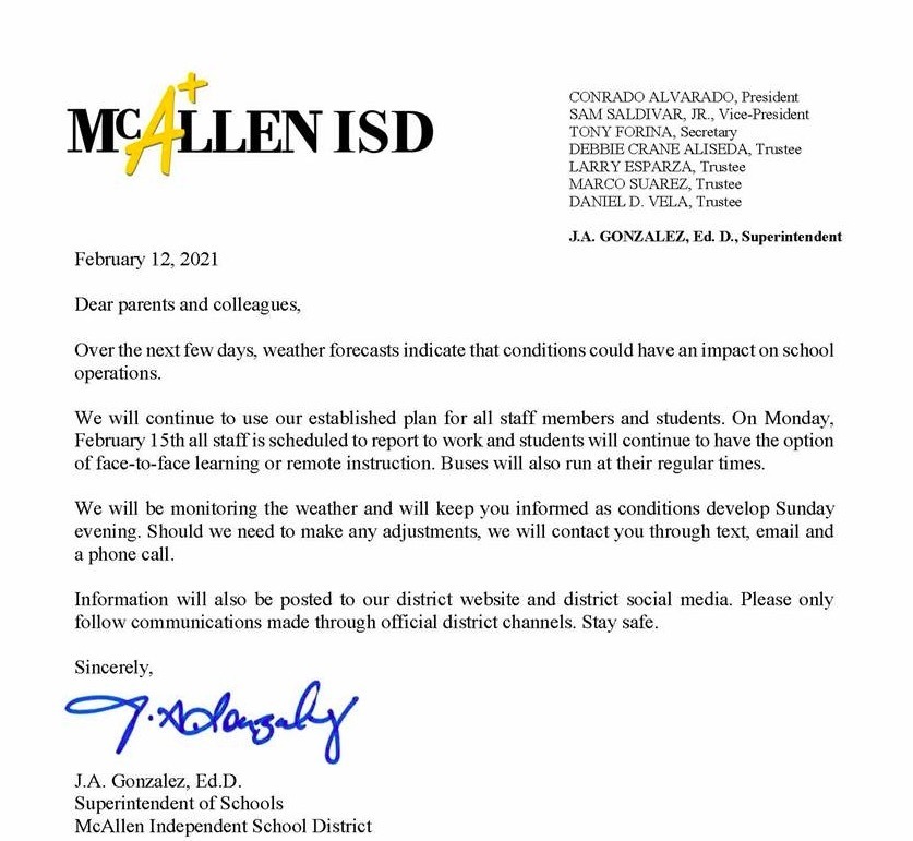 Letter from superintendent 