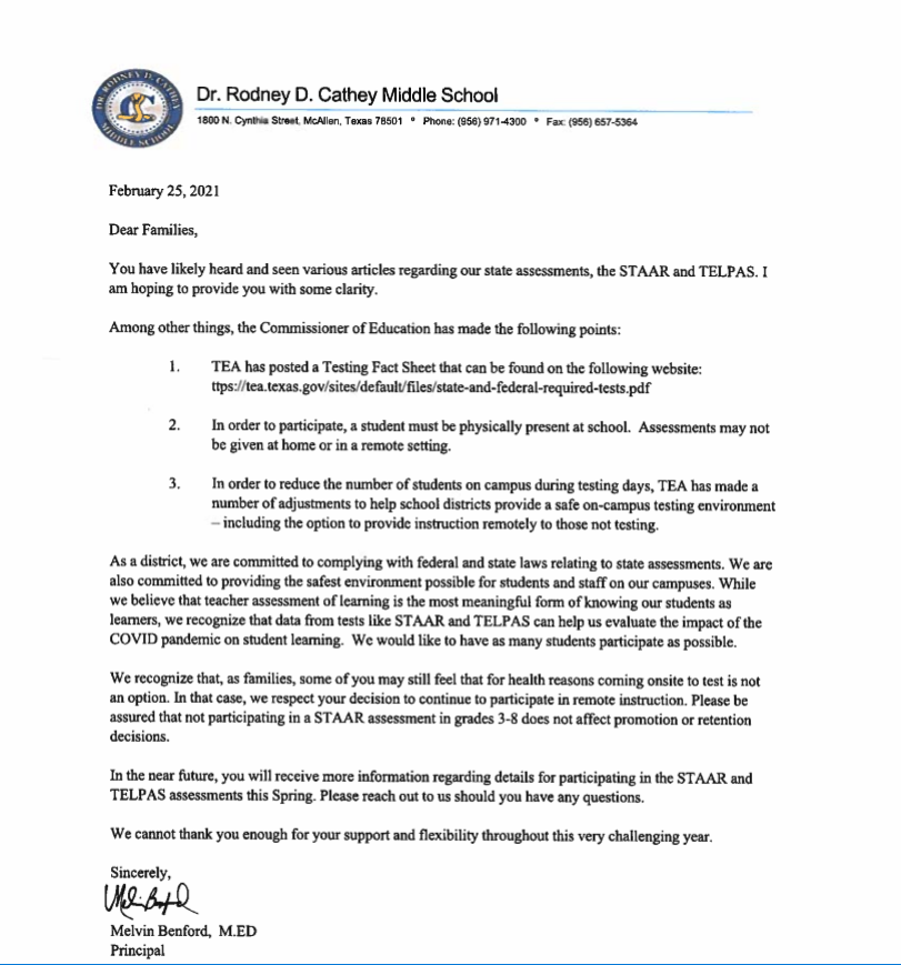 Message from Principal on Assessments