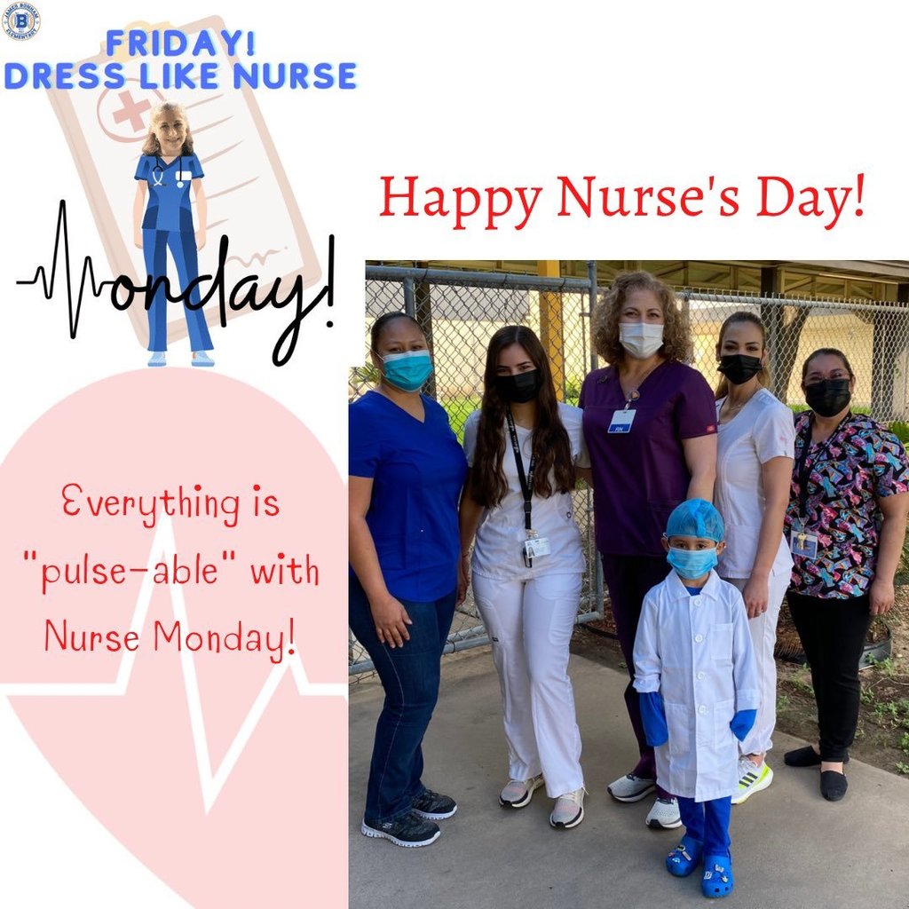 Nurse Monday standing with teachers and a student dressed up as Nurse Monday
