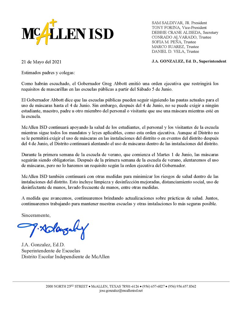 Mensaje del Superintendente Dr. J.A. González - Actualización sobre los requisitos estatales de máscaras.