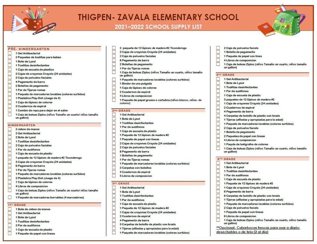 2021-2022 School Supply List/ Lista de útiles escolares 2021-2022