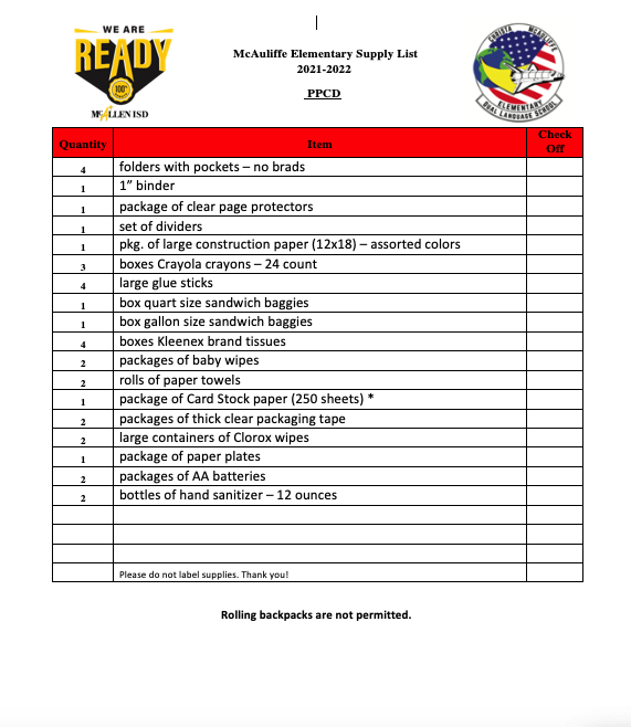 school supplies list 3-5th & PPCD 