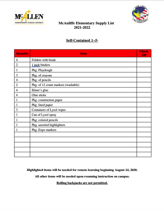 school supplies list self contained