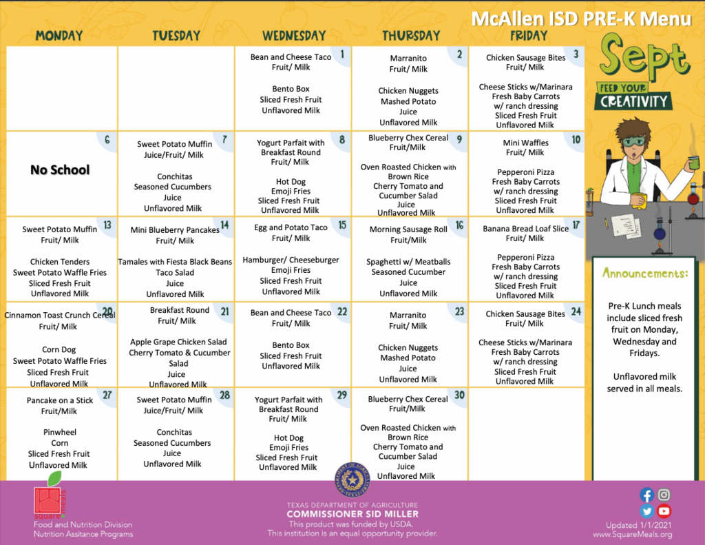 Pre-K Menu