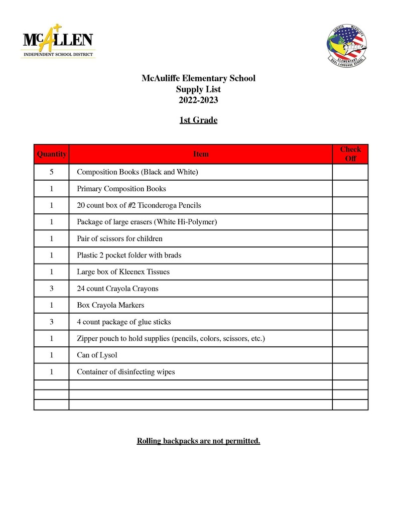 1st School Supply List