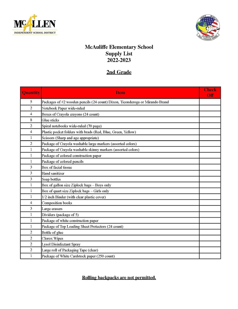 2nd School Supply List