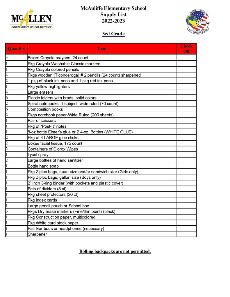 3rd Grade School Supply List