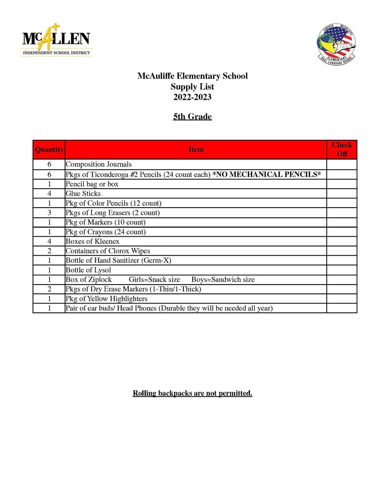 5th Grade School Supply List