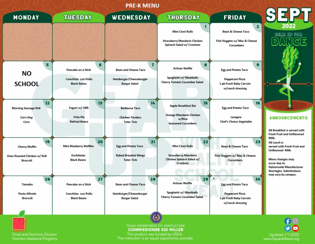 Pre-K Menu English
