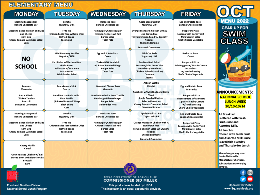 Elementary Menu English