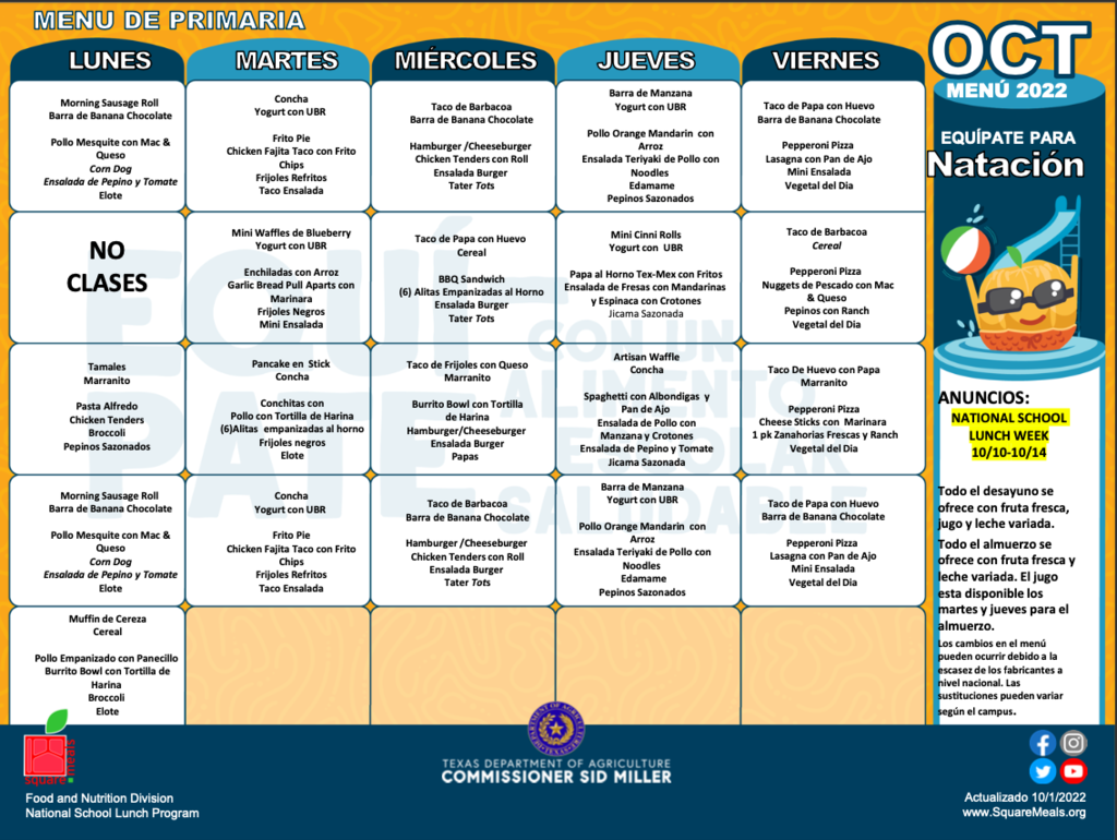 Elementary Menu Spanish