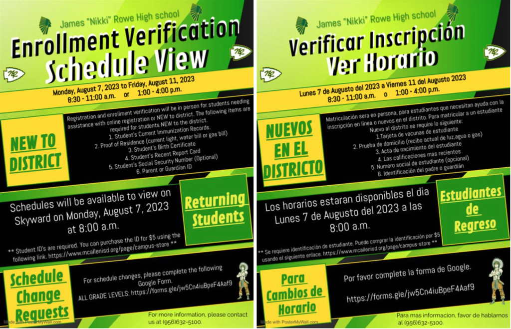 Enrollment Rowe Verification Schedule, August 7 & 11, 2023