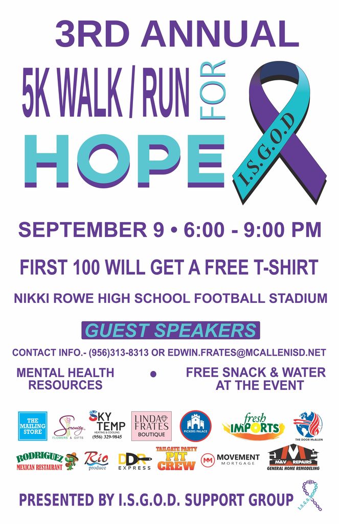 5K Walk/Run for Hope September 9th