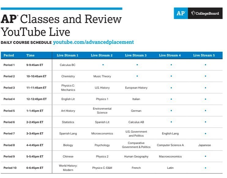 AP Classes and Review YouTube Live schedule