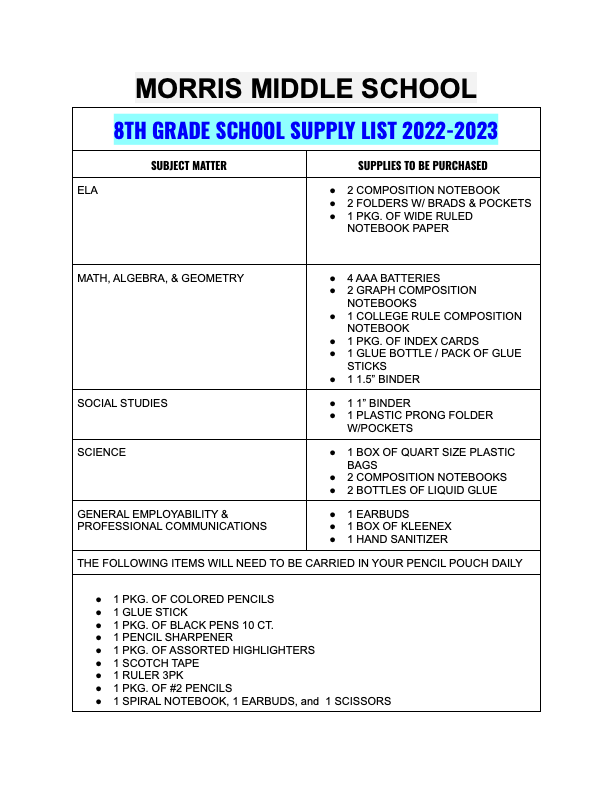 webber middle school supply list