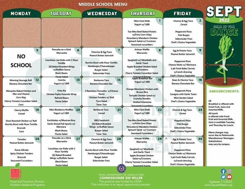 September Menu | Homer J. Morris Middle School